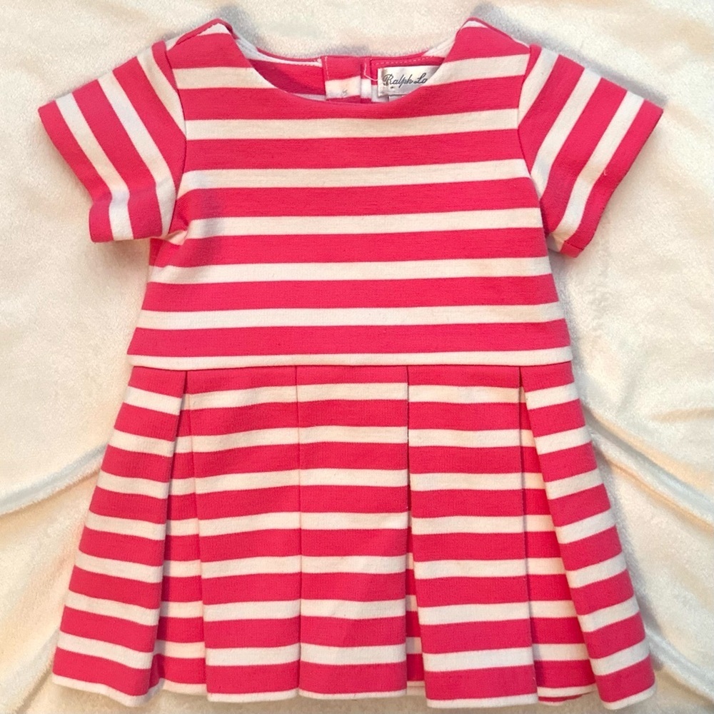 Ralph Lauren Pink & White Striped Pleated Dress Fit Flare Soft Baby Infant 3M
